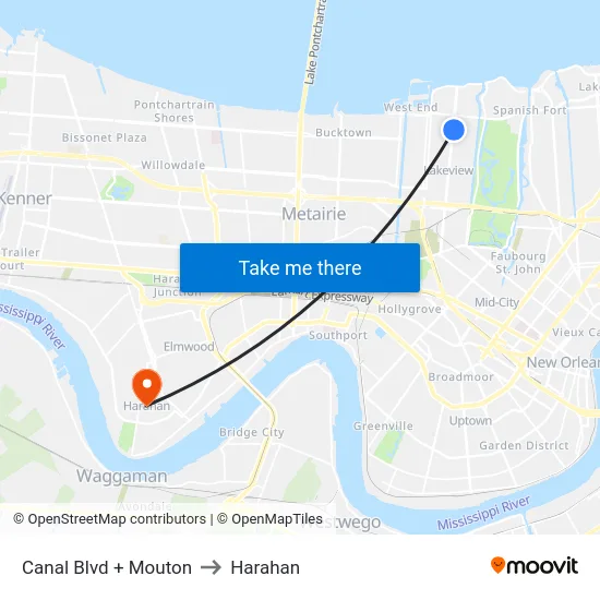 Canal Blvd + Mouton to Harahan map