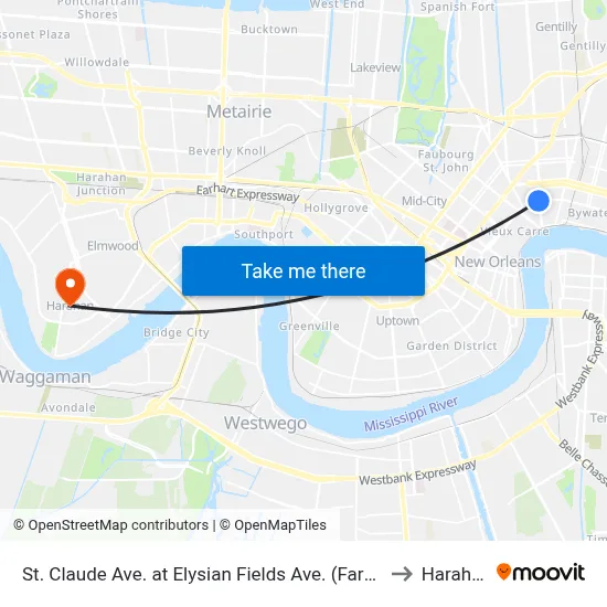 St. Claude Ave. at Elysian Fields Ave. (Farside) to Harahan map