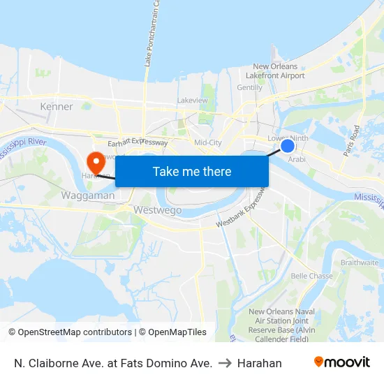 N. Claiborne Ave. at Fats Domino Ave. to Harahan map