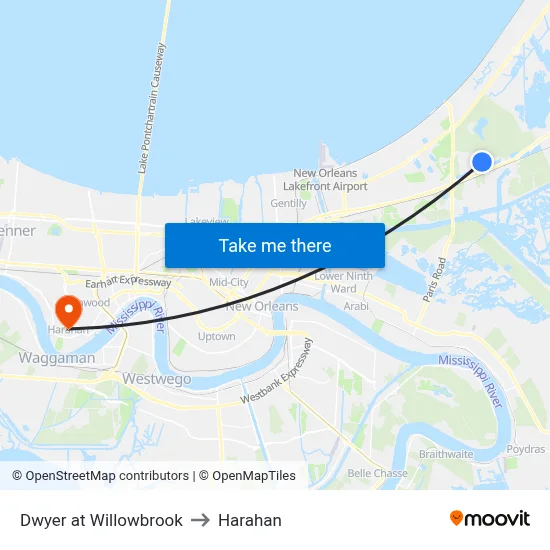 Dwyer at Willowbrook to Harahan map