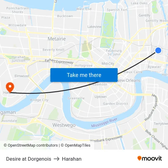 Desire at Dorgenois to Harahan map