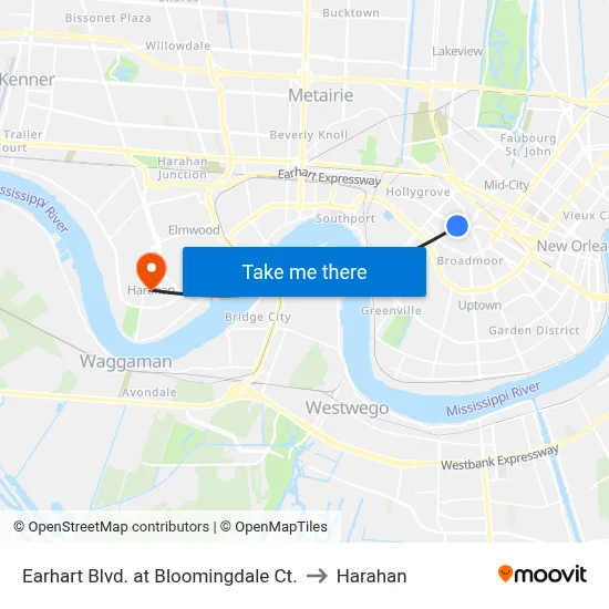Earhart Blvd. at Bloomingdale Ct. to Harahan map