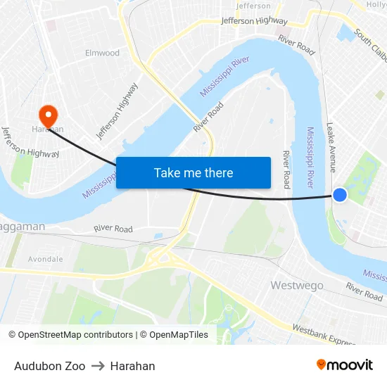 Audubon Zoo to Harahan map