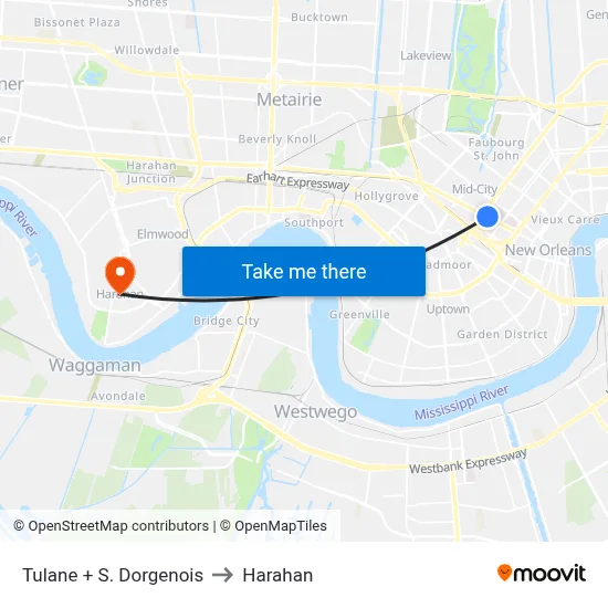 Tulane + S. Dorgenois to Harahan map