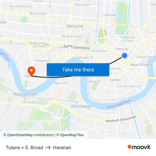 Tulane + S. Broad to Harahan map