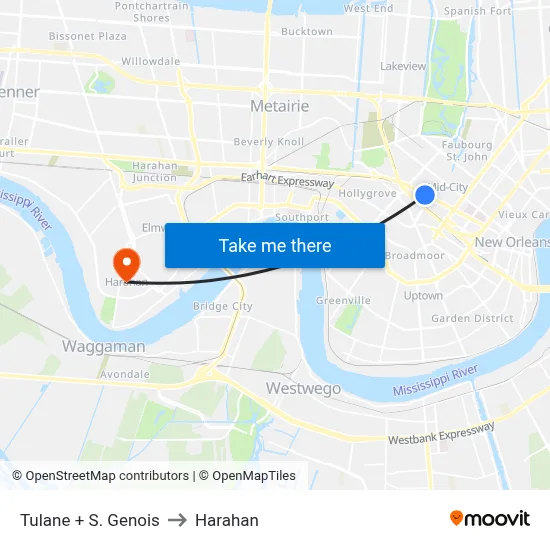 Tulane + S. Genois to Harahan map