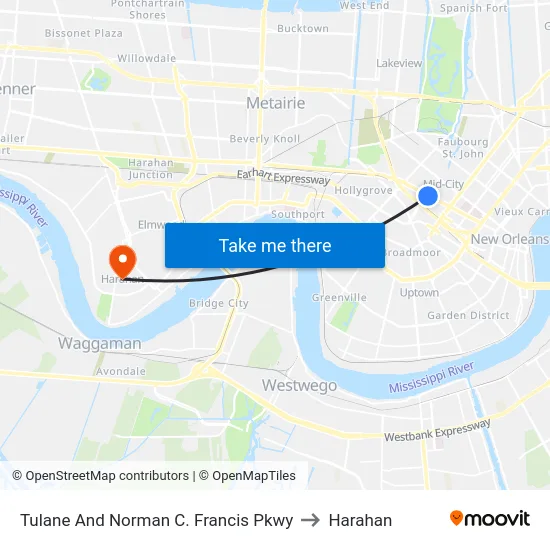 Tulane And Norman C. Francis Pkwy to Harahan map