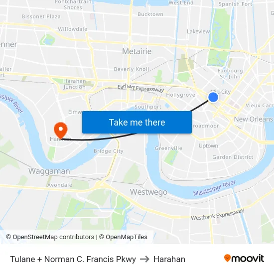 Tulane + Norman C. Francis Pkwy to Harahan map