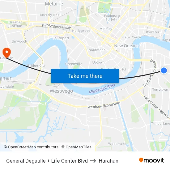 General Degaulle + Life Center Blvd to Harahan map