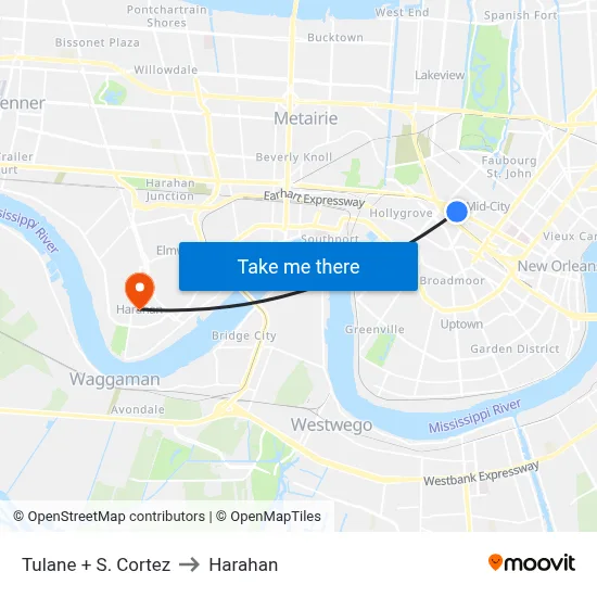 Tulane + S. Cortez to Harahan map