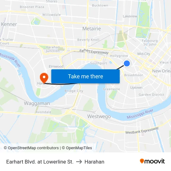 Earhart Blvd. at Lowerline St. to Harahan map