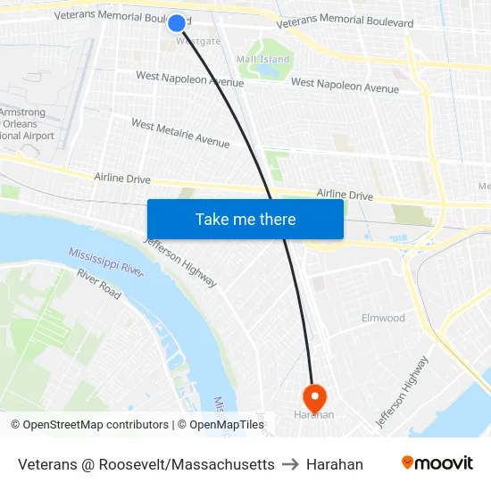 Veterans @ Roosevelt/Massachusetts to Harahan map