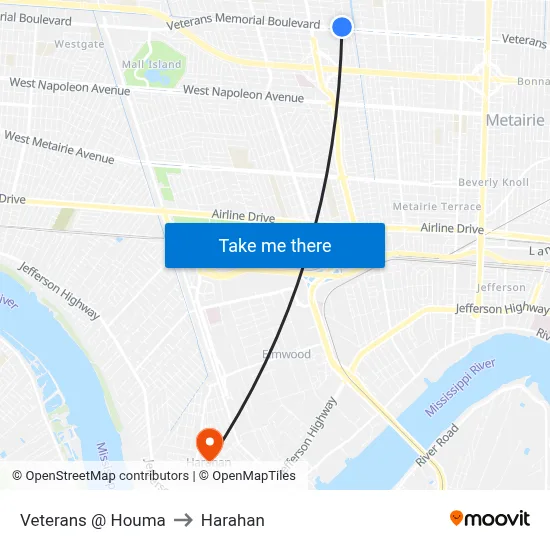 Veterans @ Houma to Harahan map