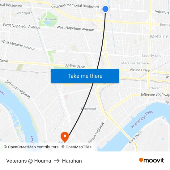Veterans @ Houma to Harahan map