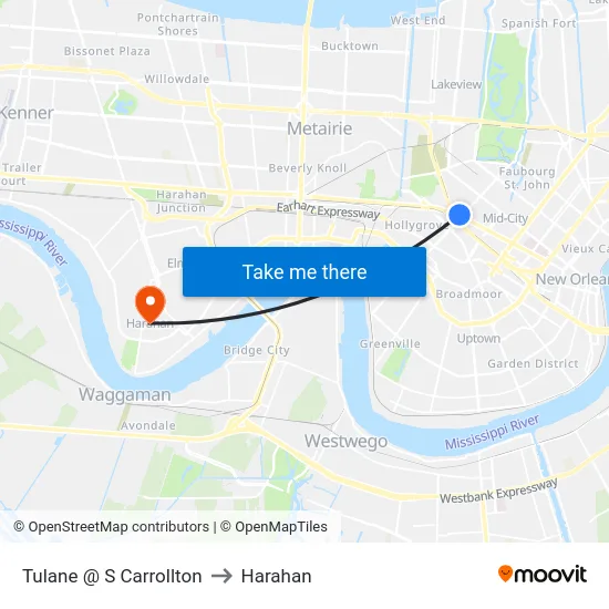 Tulane @ S Carrollton to Harahan map