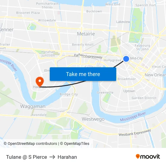Tulane @ S Pierce to Harahan map
