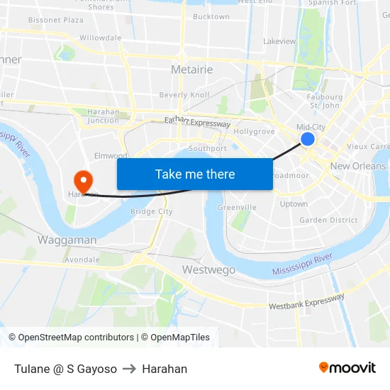 Tulane @ S Gayoso to Harahan map