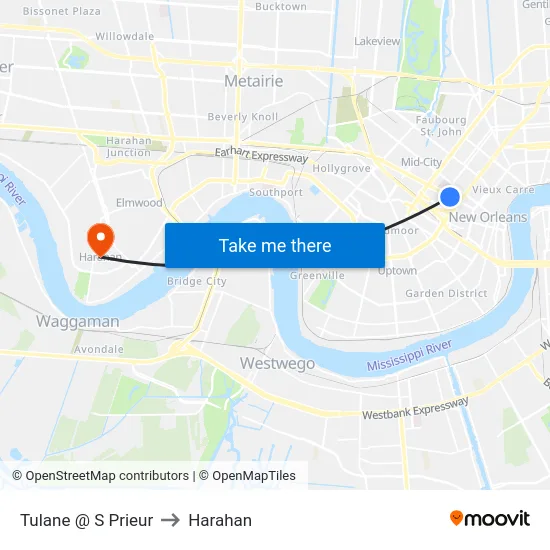 Tulane @ S Prieur to Harahan map