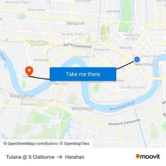 Tulane @ S Claiborne to Harahan map