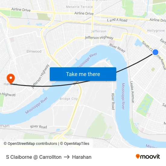 S Claiborne @ Carrollton to Harahan map