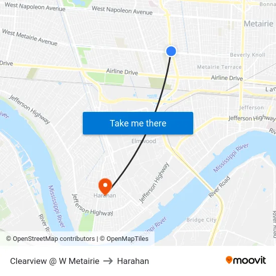 Clearview @ W Metairie to Harahan map