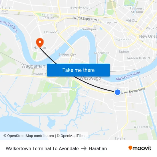 Walkertown Terminal To Avondale to Harahan map