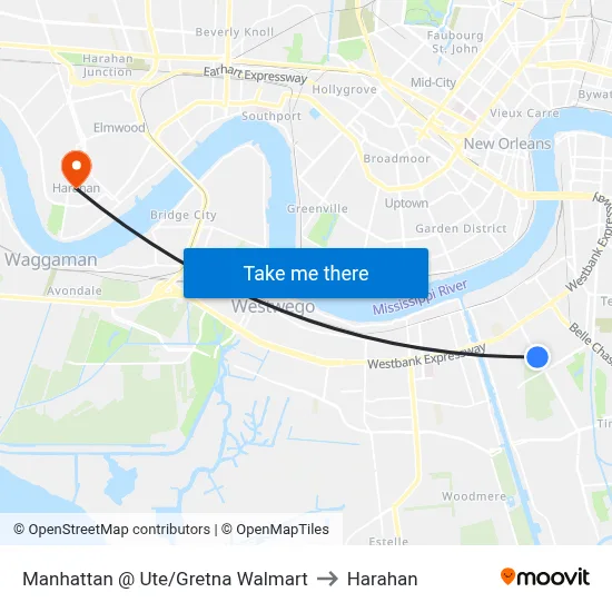 Manhattan @ Ute/Gretna Walmart to Harahan map