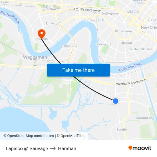 Lapalco @ Sauvage to Harahan map