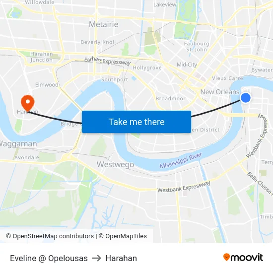 Eveline @ Opelousas to Harahan map