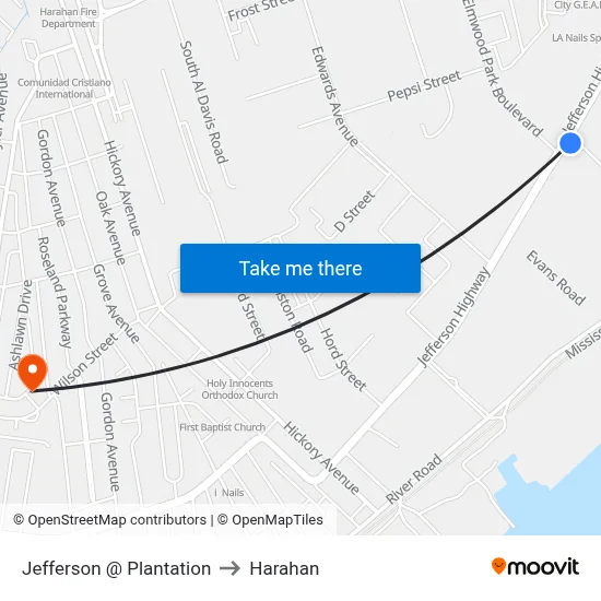Jefferson @ Plantation to Harahan map