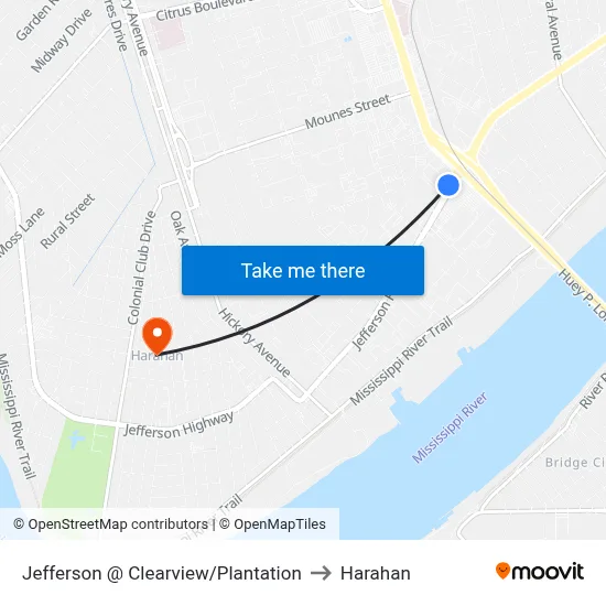 Jefferson @ Clearview/Plantation to Harahan map