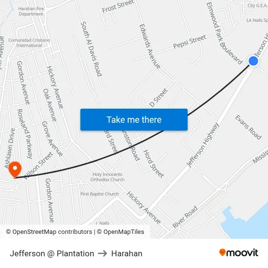 Jefferson @ Plantation to Harahan map