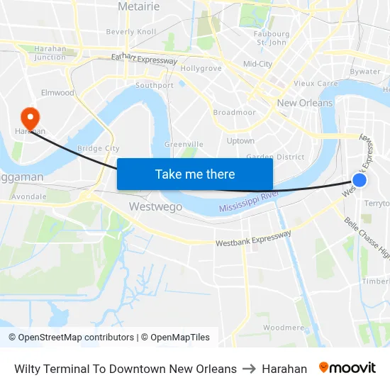 Wilty Terminal To Downtown New Orleans to Harahan map