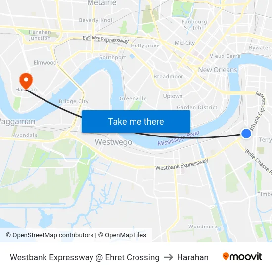 Westbank Expressway @ Ehret Crossing to Harahan map