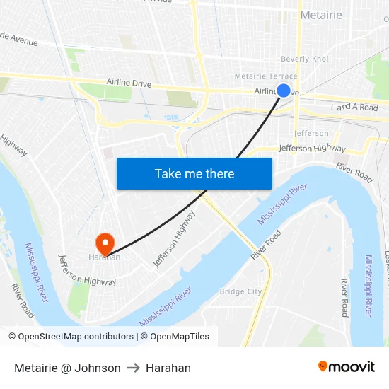 Metairie @ Johnson to Harahan map