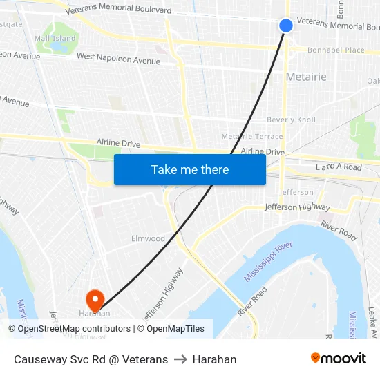 Causeway Svc Rd @ Veterans to Harahan map
