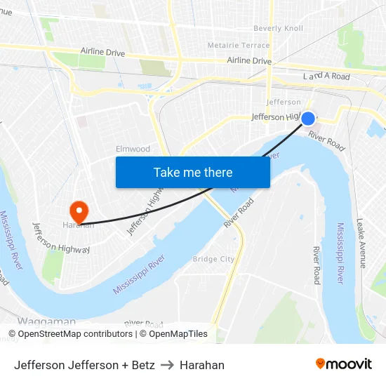Jefferson Jefferson + Betz to Harahan map