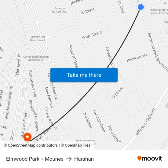 Elmwood Park + Mounes to Harahan map