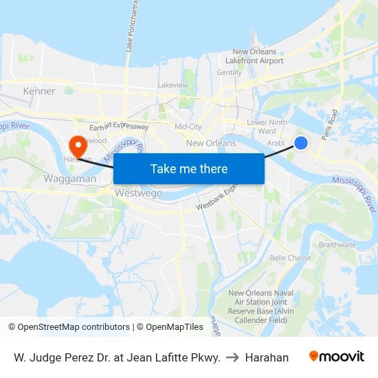 W. Judge Perez Dr. at Jean Lafitte Pkwy. to Harahan map