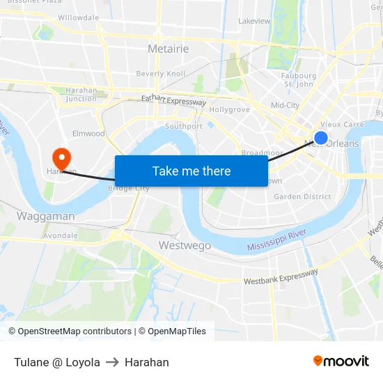 Tulane @ Loyola to Harahan map