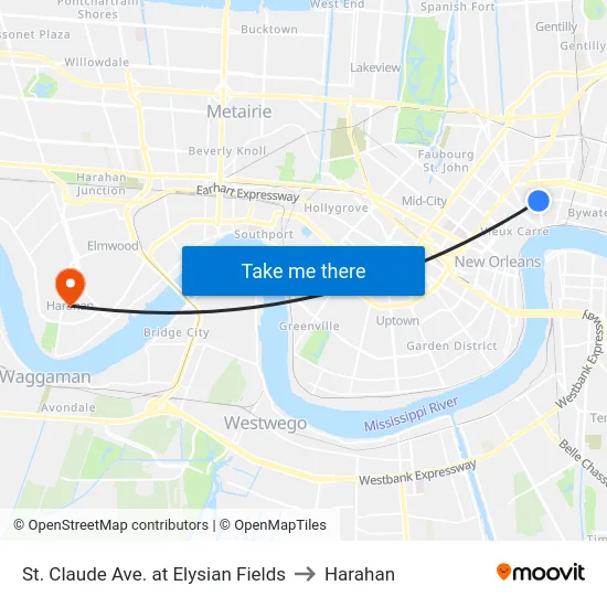 St. Claude Ave. at Elysian Fields to Harahan map