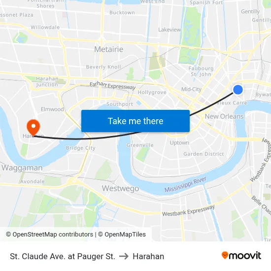 St. Claude Ave. at Pauger St. to Harahan map