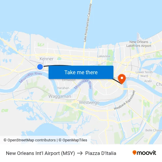 New Orleans Int'l Airport (MSY) to Piazza D'Italia map