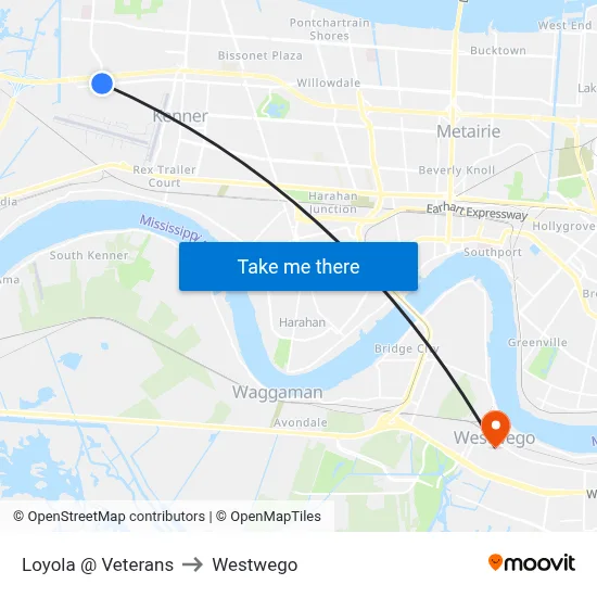 Loyola @ Veterans to Westwego map
