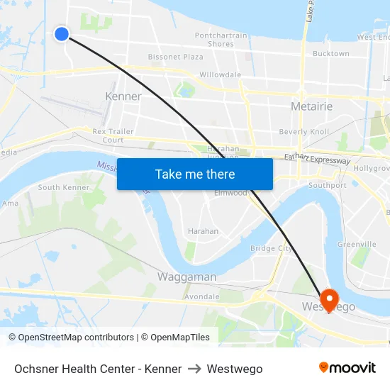 Ochsner Health Center - Kenner to Westwego map