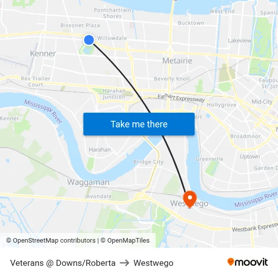 Veterans @ Downs/Roberta to Westwego map