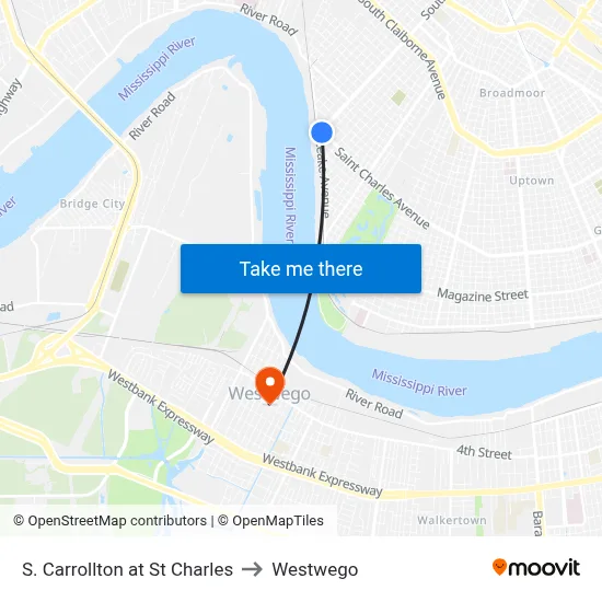 S. Carrollton at St Charles to Westwego map