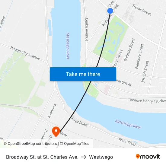 Broadway St. at St. Charles Ave. to Westwego map