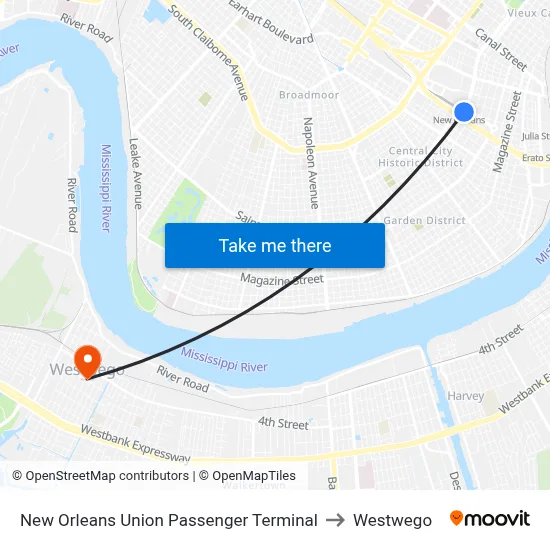 New Orleans Union Passenger Terminal to Westwego map
