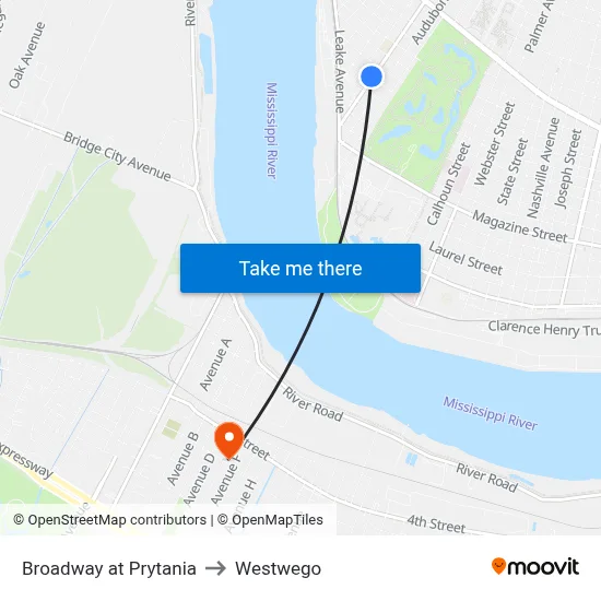 Broadway at Prytania to Westwego map